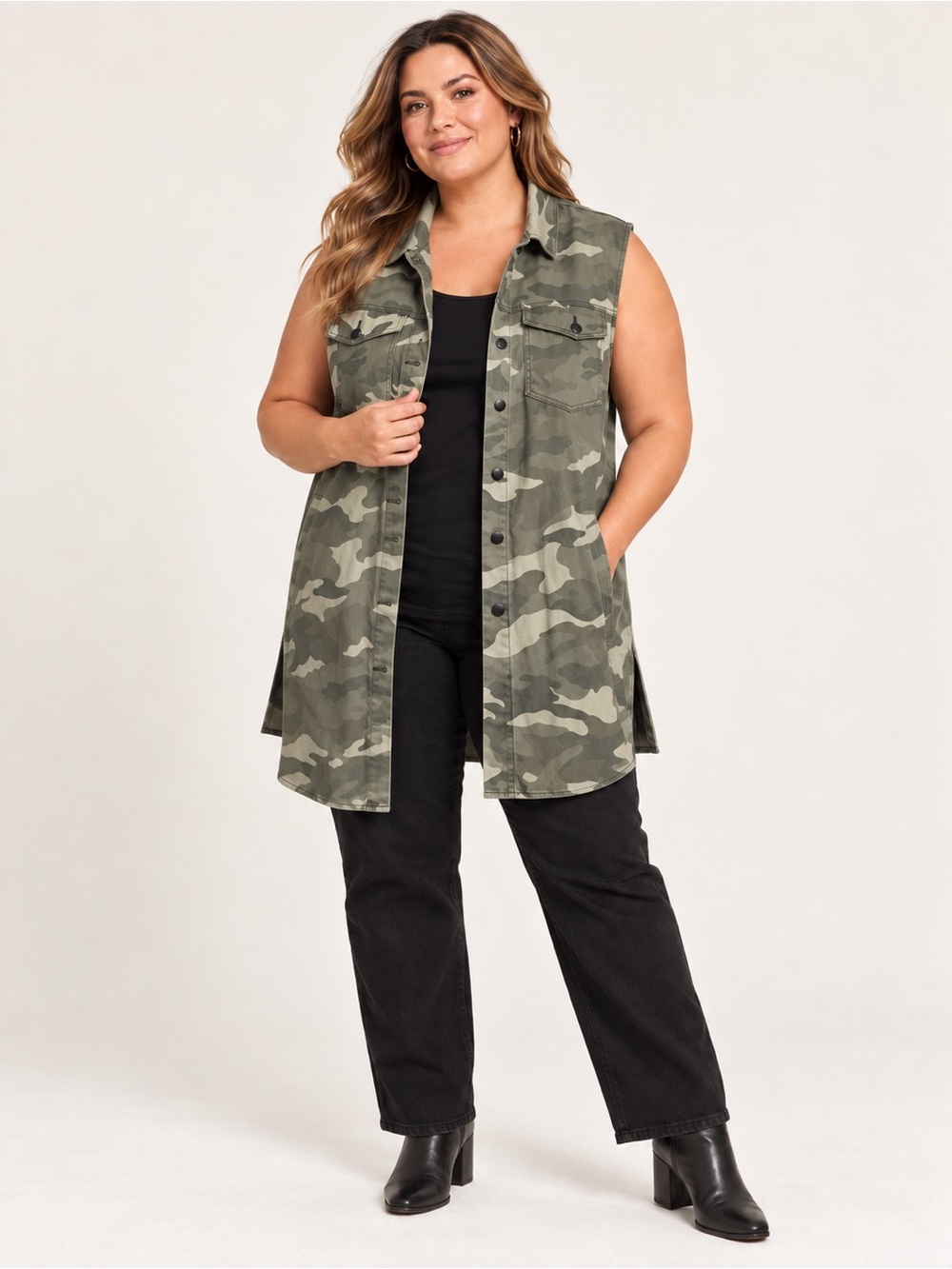 ULLA POPKEN Sleeveless Camo Longline Shirt Jacket Vest